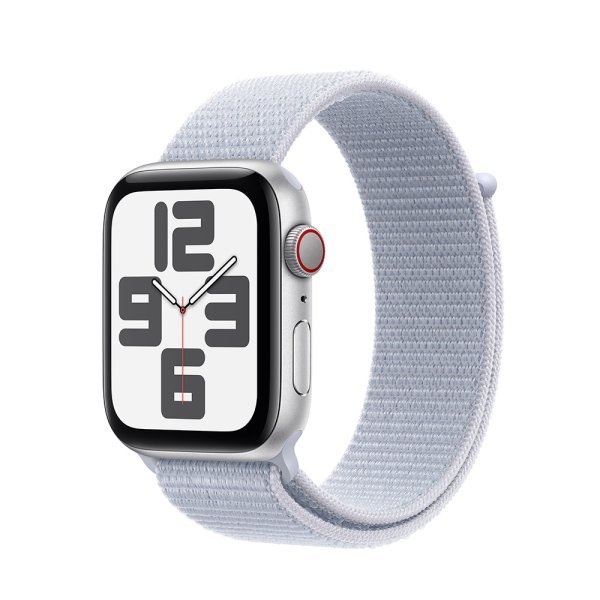 Apple Watch SE GPS + Cellular 44mm Silver Aluminium Case with Blue Cloud Sport Loop Side